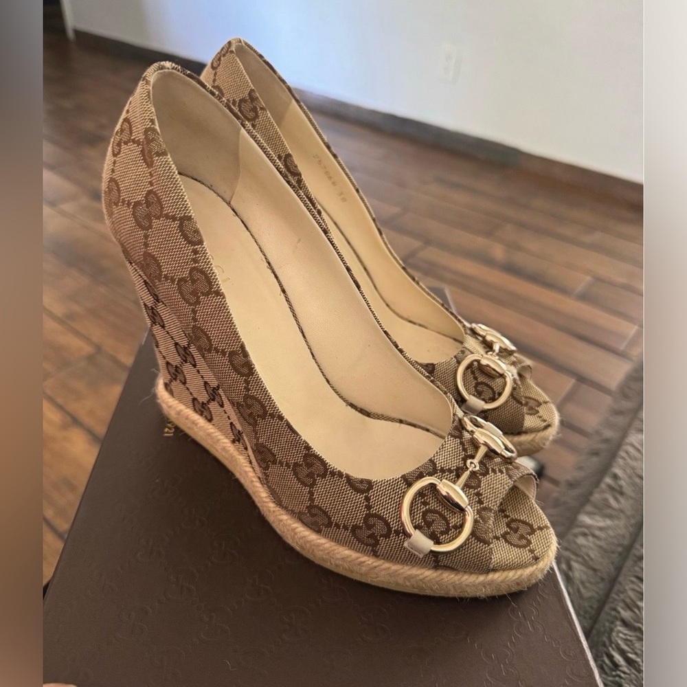 Gucci Charlotte horsebit espadrille platform wedges